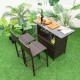 Outdoor wicker bar set featuring a bar table with stemware racks and two high chairs, perfect for poolside relaxation.